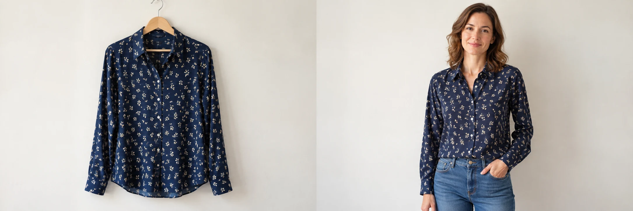 Illustrative navy patterned blouse on a wooden hanger.